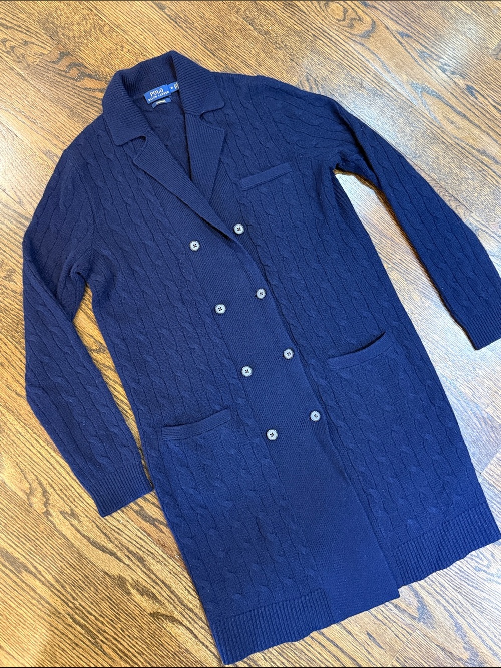 Polo Ralph Lauren 100% Navy Cashmere Double Breasted Cable Knit Sweater Cardigan